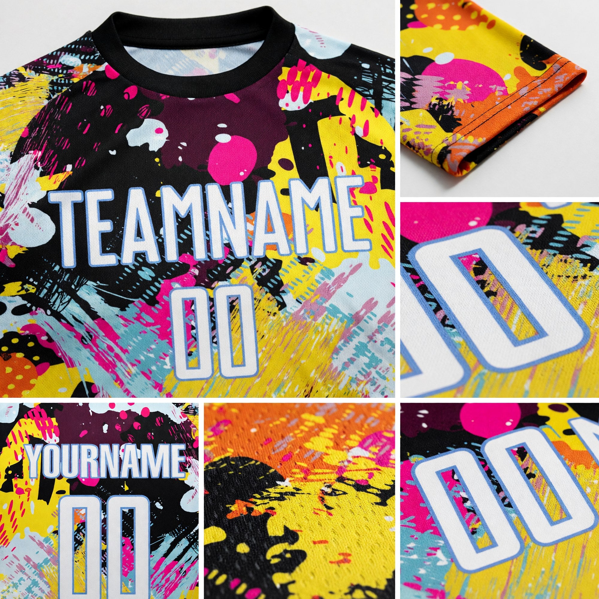 Custom Graffiti Pattern White-Light Blue Sublimation Soccer Uniform Jersey detail