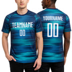 Custom Light Blue White-Black Sublimation Soccer Uniform Jersey worn front and back