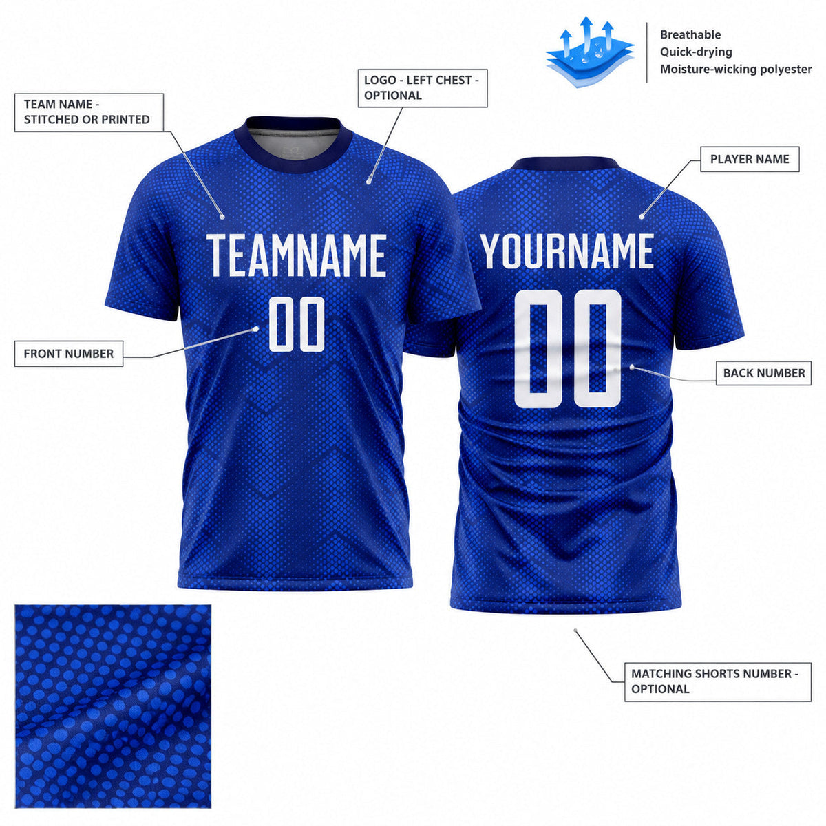 Custom Royal Sublimated Soccer Jersey with White and Navy Lettering Design 0084 customization guide