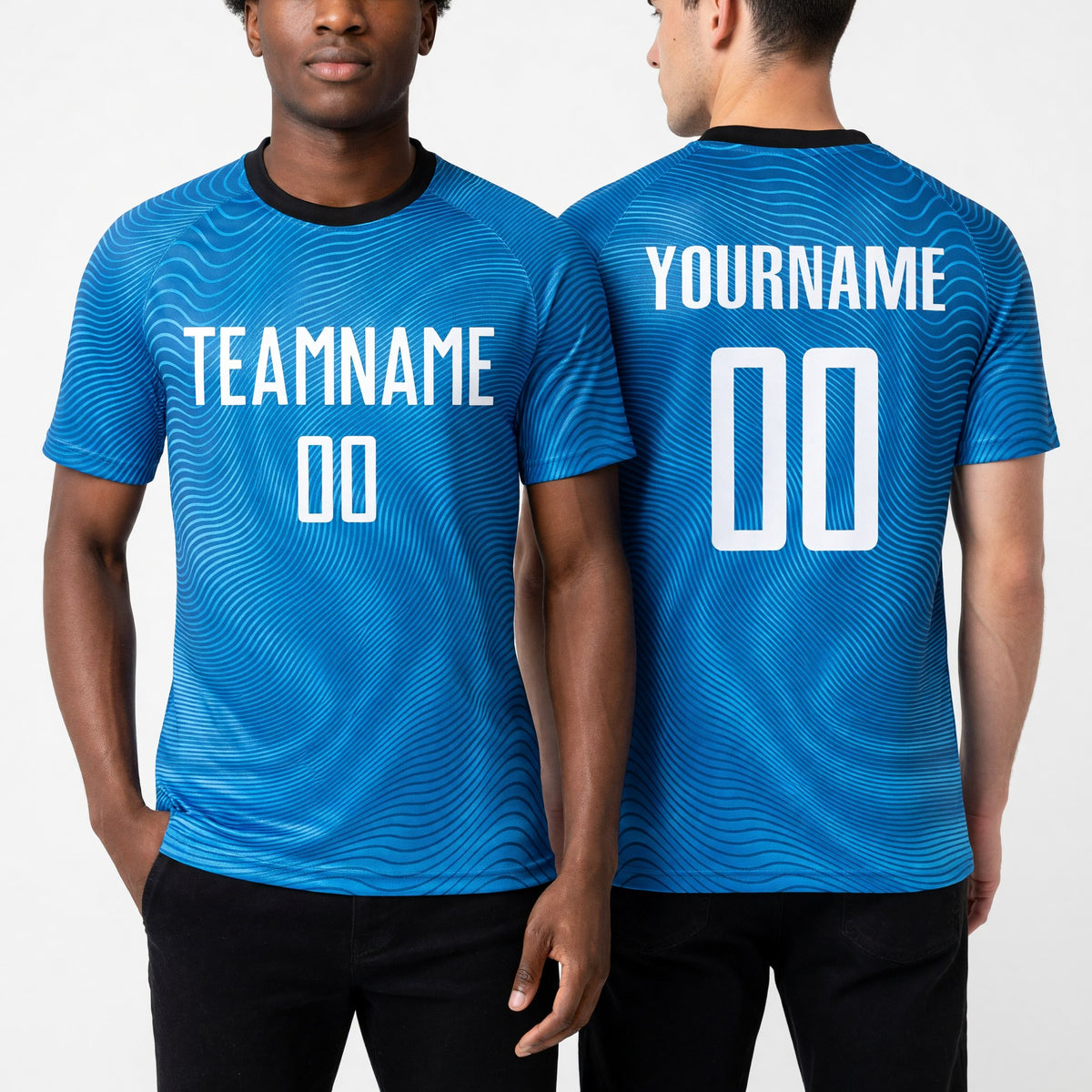 Custom Light Blue White-Black Sublimation Soccer Uniform Jersey worn front and back