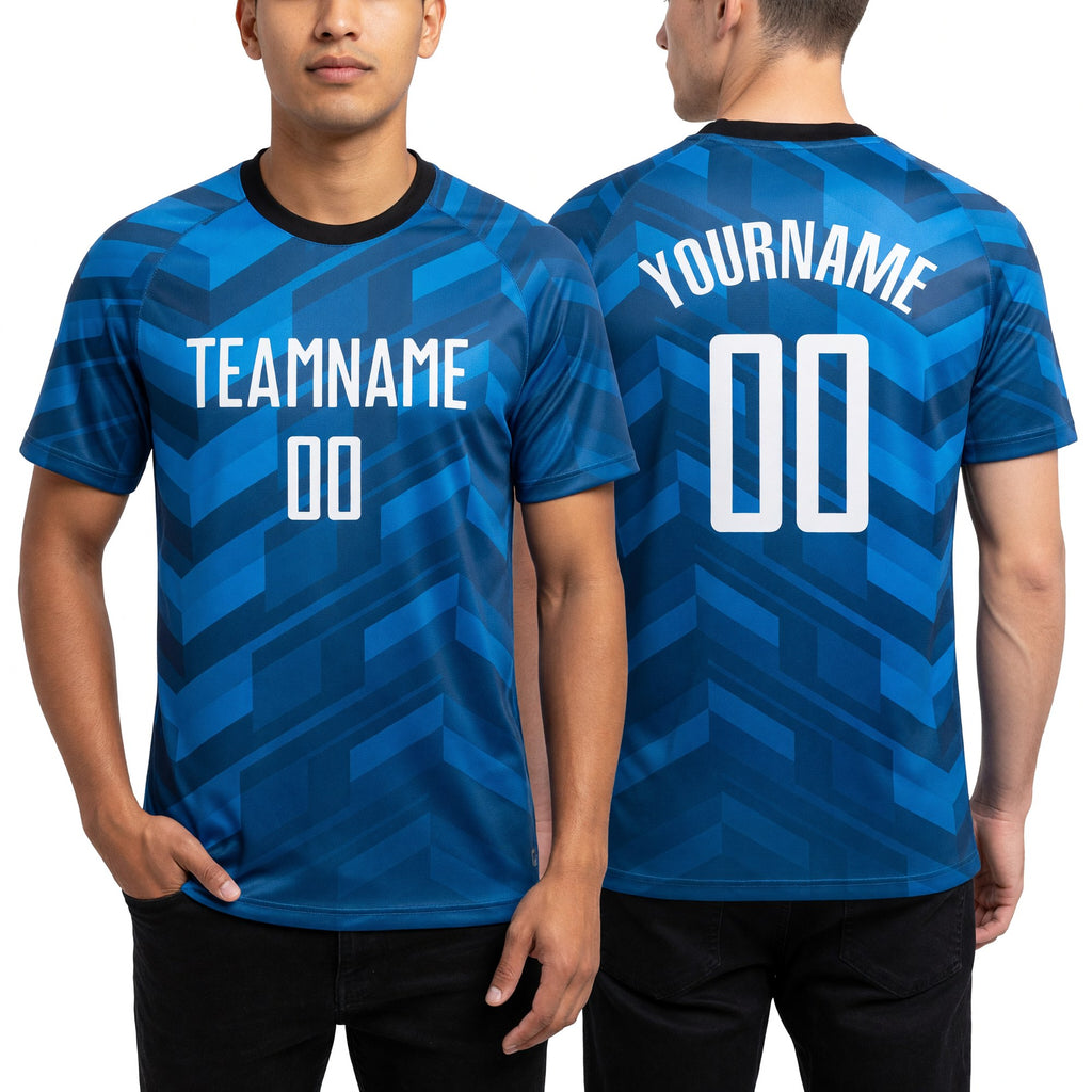 Custom Light Blue White-Black Sublimation Soccer Uniform Jersey worn front and back