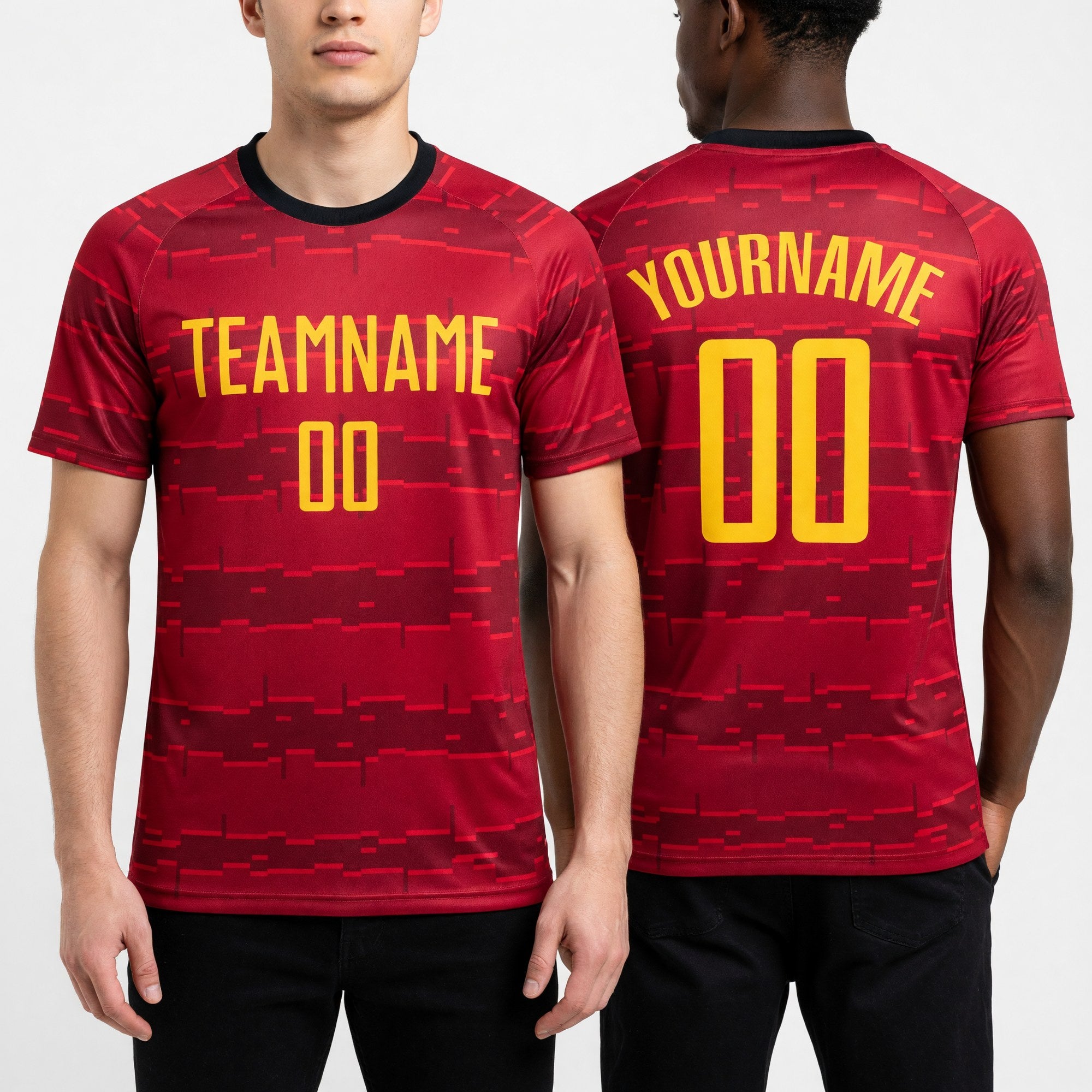 Custom Red Gold-Black Sublimation Soccer Uniform Jersey worn front and back