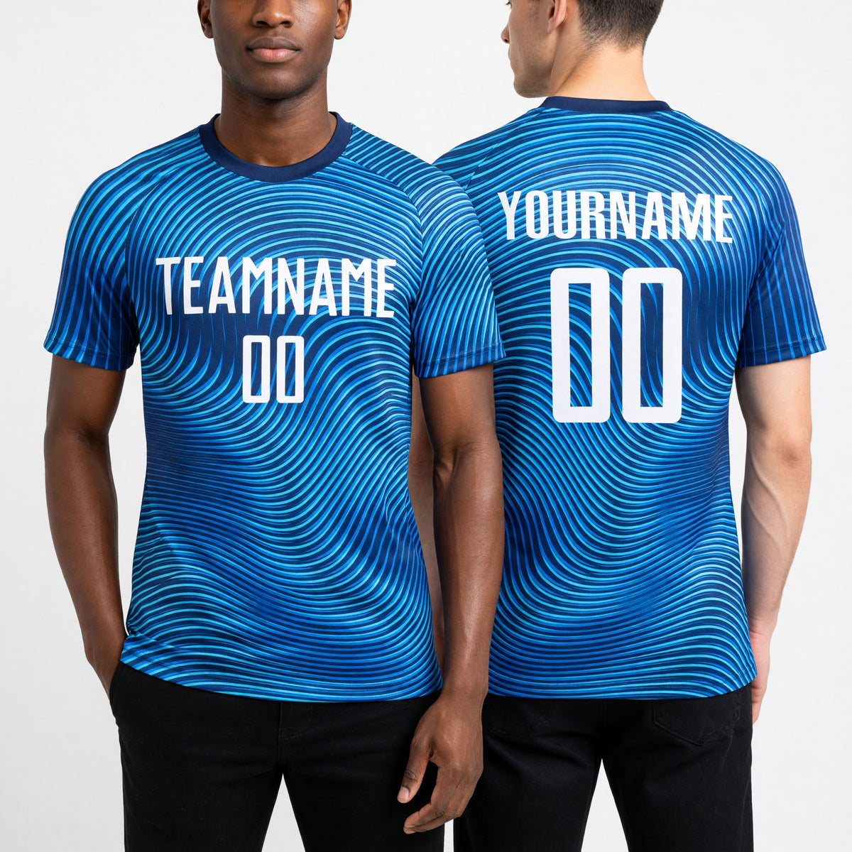 Custom Light Blue White-Royal Sublimation Soccer Uniform Jersey worn front and back