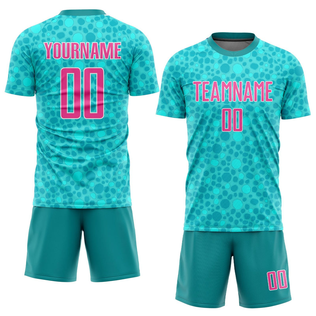 Custom Aqua Pink-White Sublimation Soccer Uniform Jersey photo 2