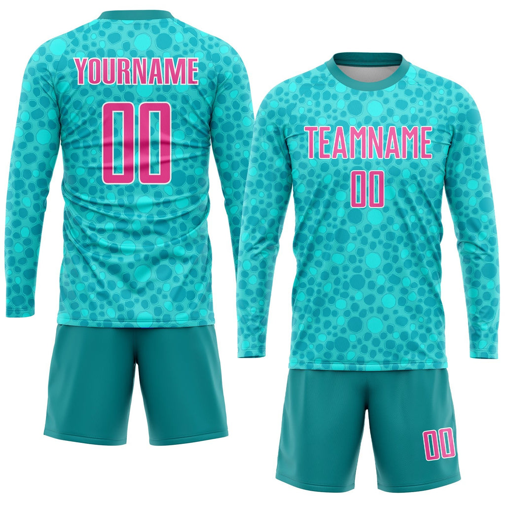 Custom Aqua Pink-White Sublimation Soccer Uniform Jersey photo 4