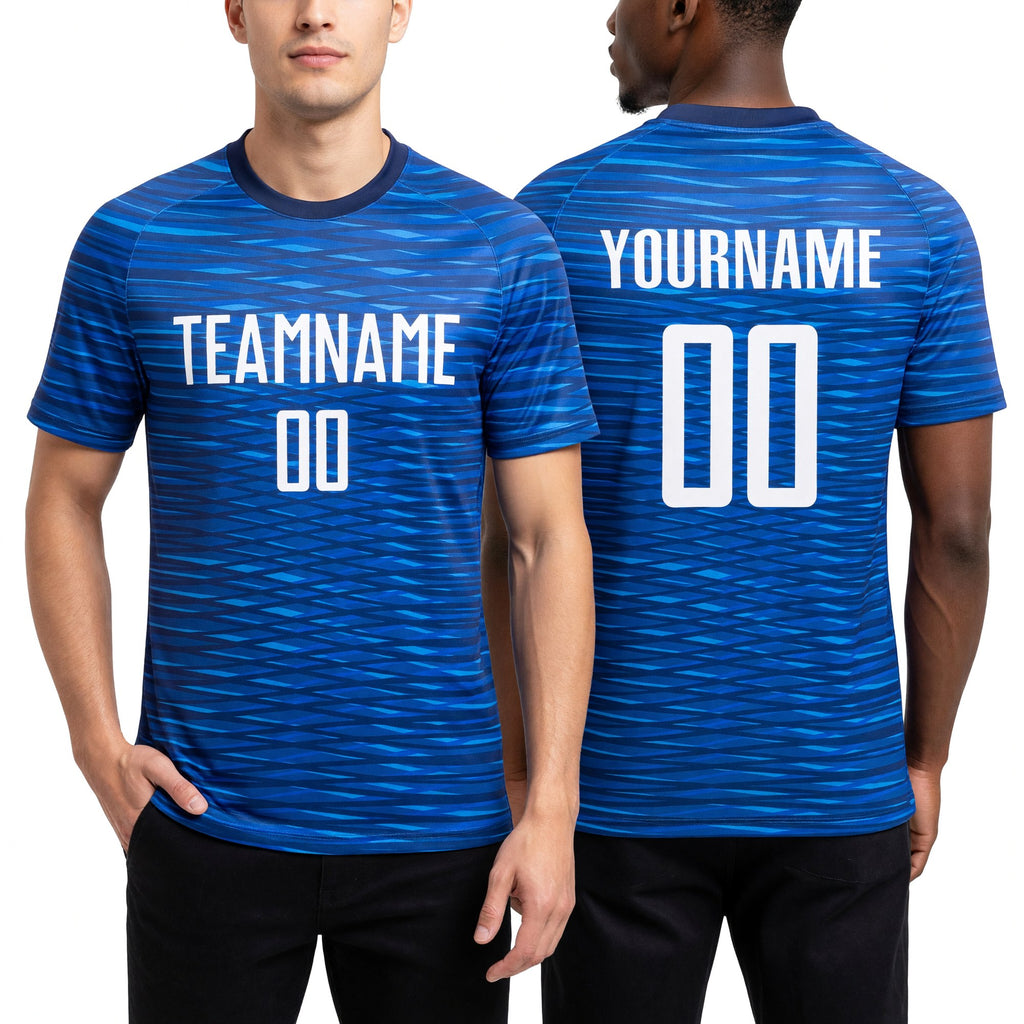 Custom Royal White Sublimation Soccer Uniform Jersey worn front and back