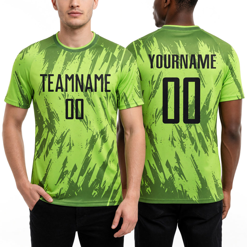 Custom Neon Green Black-Olive Sublimation Soccer Uniform Jersey worn front and back