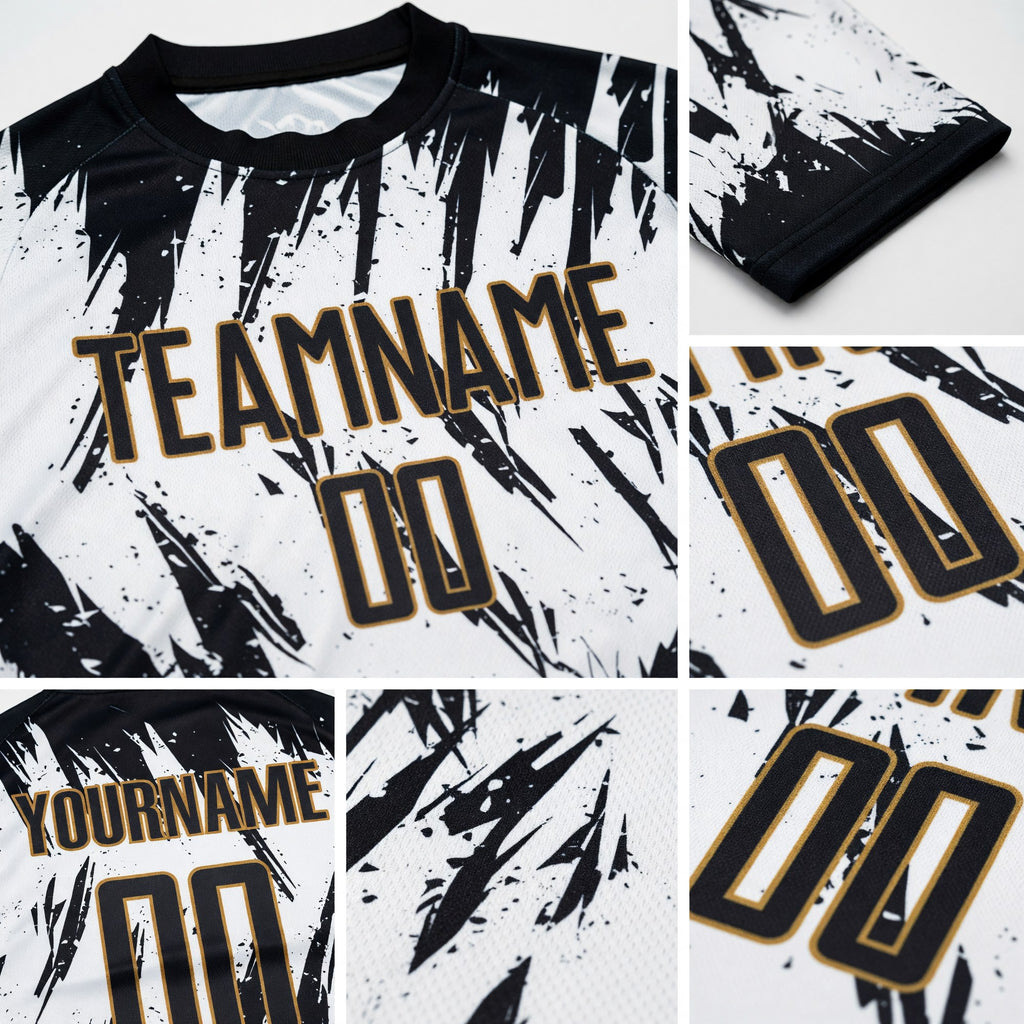Custom White Black-Old Gold Sublimation Soccer Uniform Jersey detail
