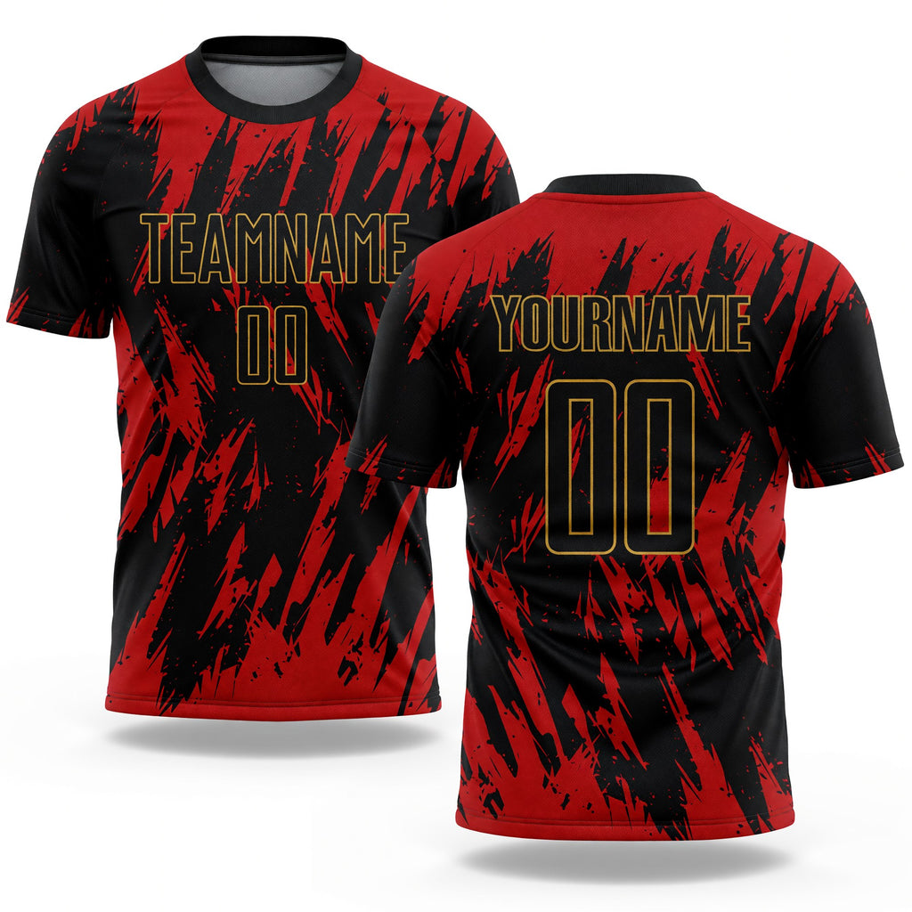 Custom Red Black-Old Gold Sublimation Soccer Uniform Jersey