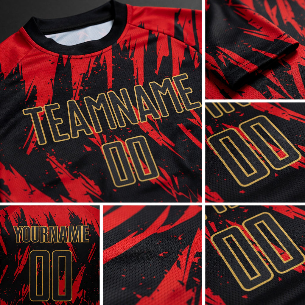 Custom Red Black-Old Gold Sublimation Soccer Uniform Jersey detail