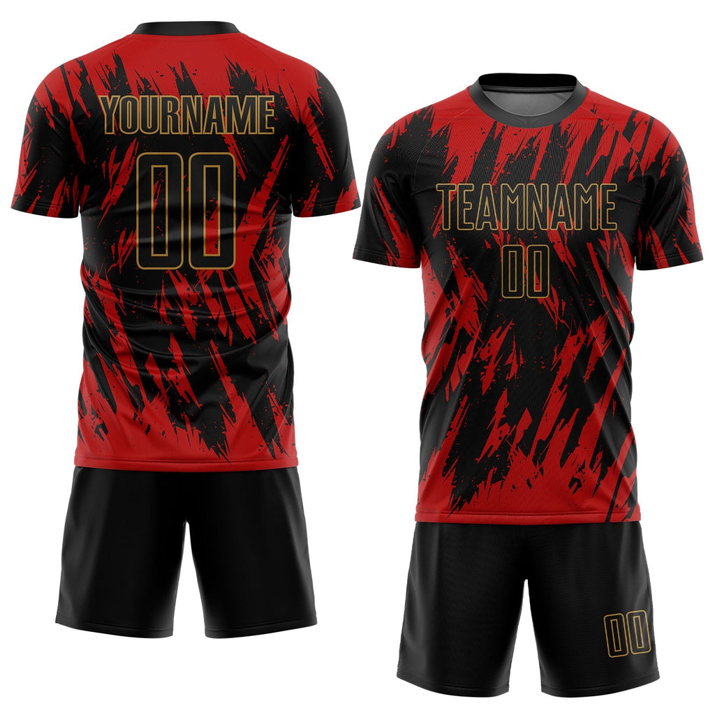 Custom Red Black-Old Gold Sublimation Soccer Uniform Jersey photo 2