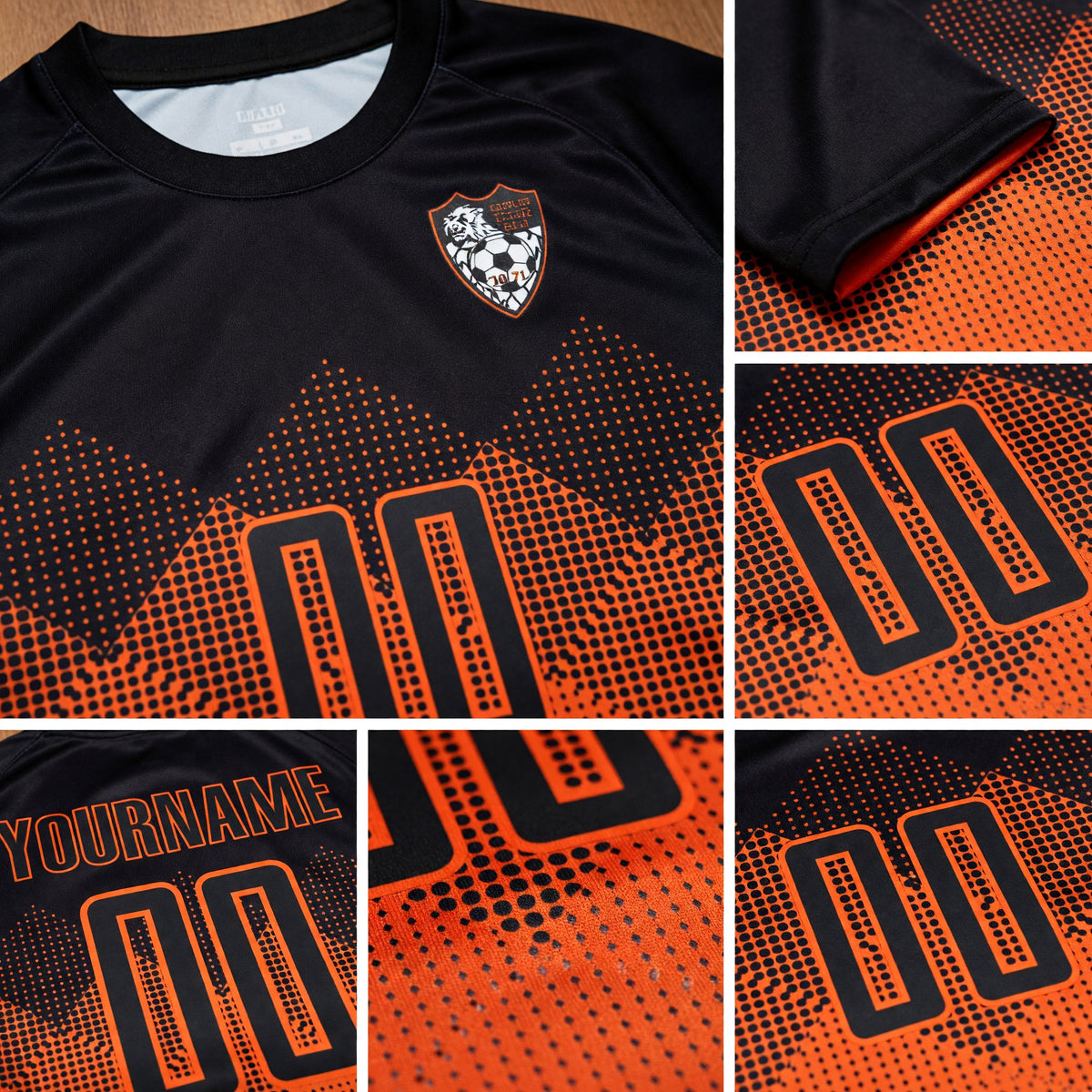 Custom Orange Black Gradient Square Shape Sublimation Spencer Soccer Club Uniform Jersey detail