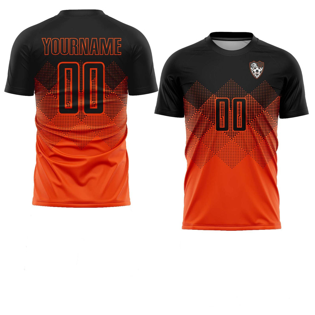 Custom Orange Black Gradient Square Shape Sublimation Spencer Soccer Club Uniform Jersey photo 1