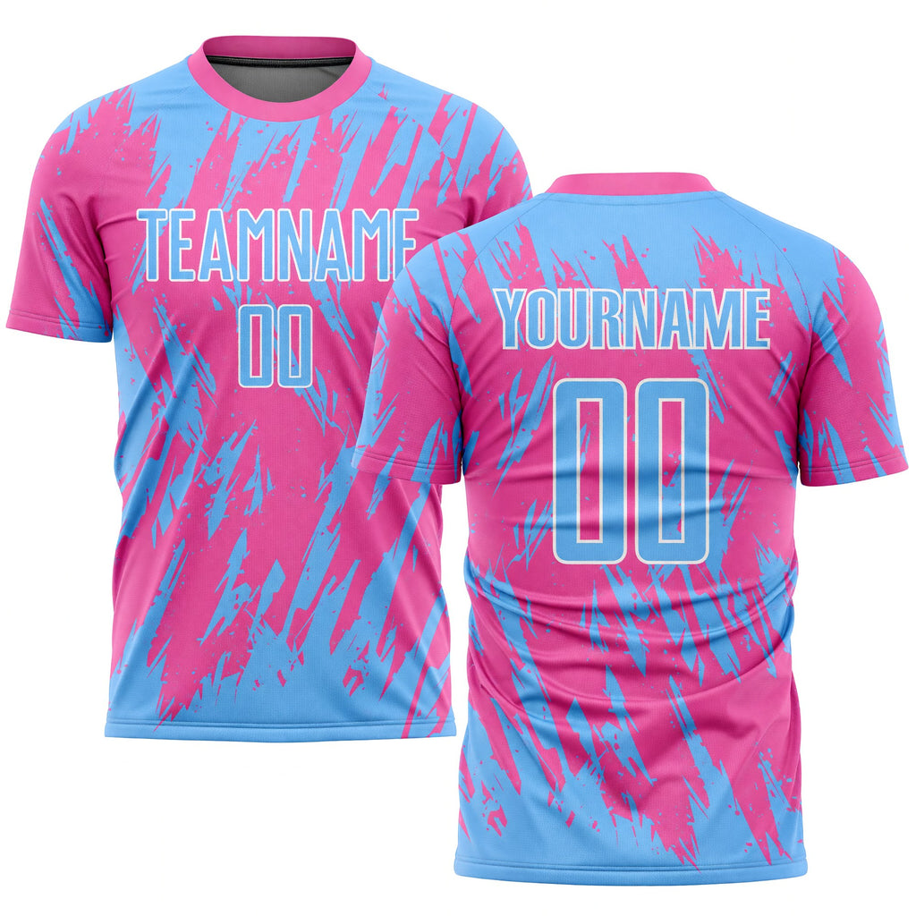 Custom Pink Light Blue-White Sublimation Soccer Uniform Jersey