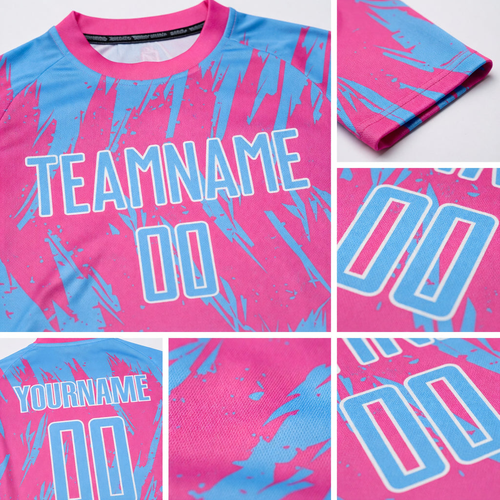Custom Pink Light Blue-White Sublimation Soccer Uniform Jersey detail