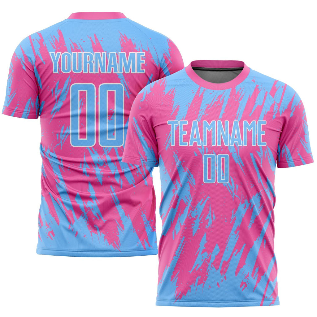 Custom Pink Light Blue-White Sublimation Soccer Uniform Jersey photo 1