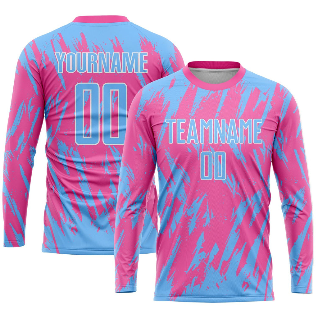 Custom Pink Light Blue-White Sublimation Soccer Uniform Jersey photo 3