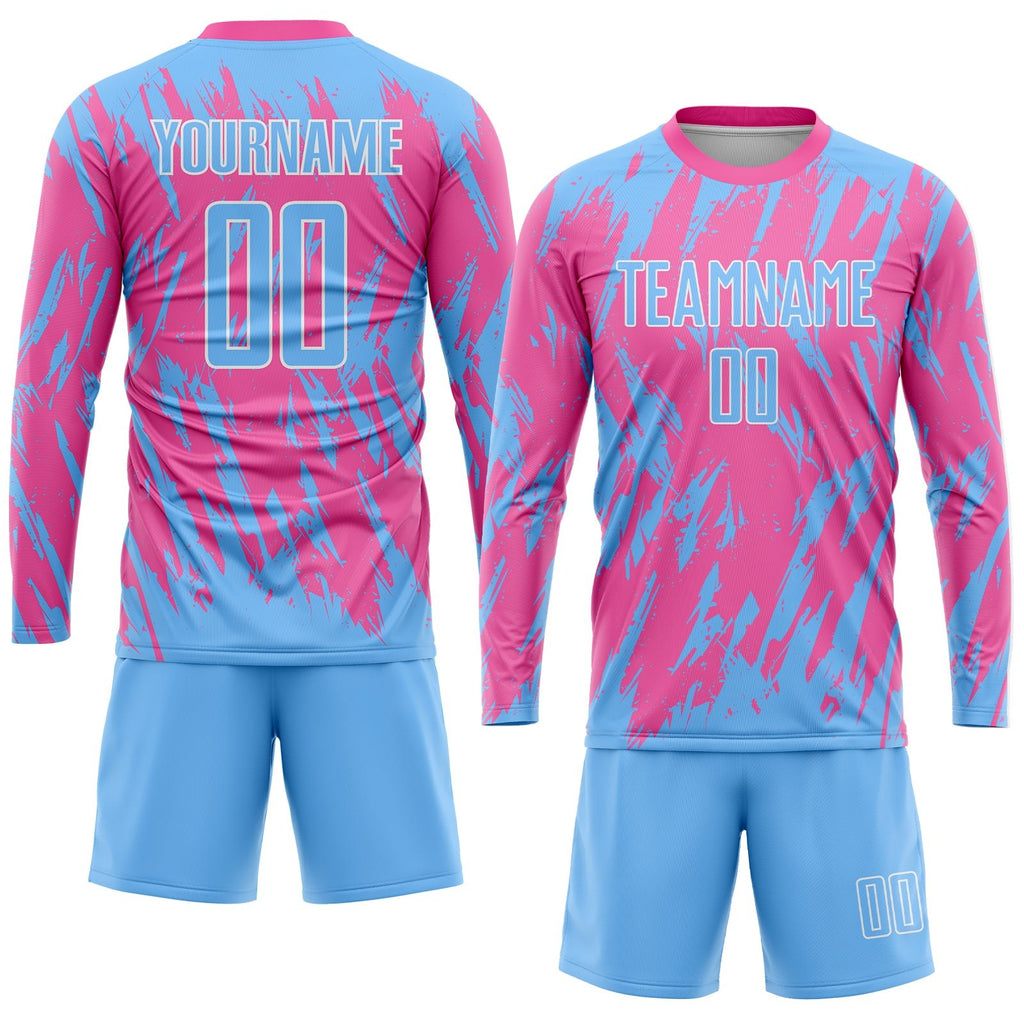 Custom Pink Light Blue-White Sublimation Soccer Uniform Jersey photo 4