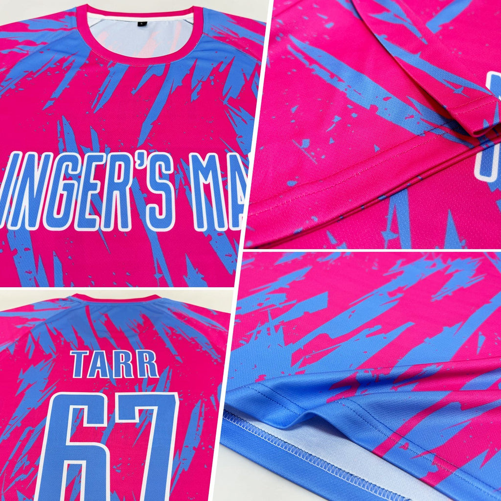 Custom Pink Light Blue-White Sublimation Soccer Uniform Jersey photo 5