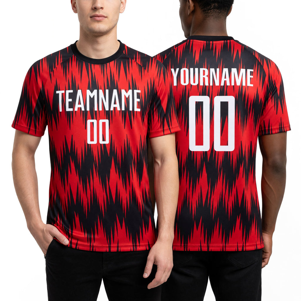 Custom Red White-Black Sublimation Soccer Uniform Jersey worn front and back