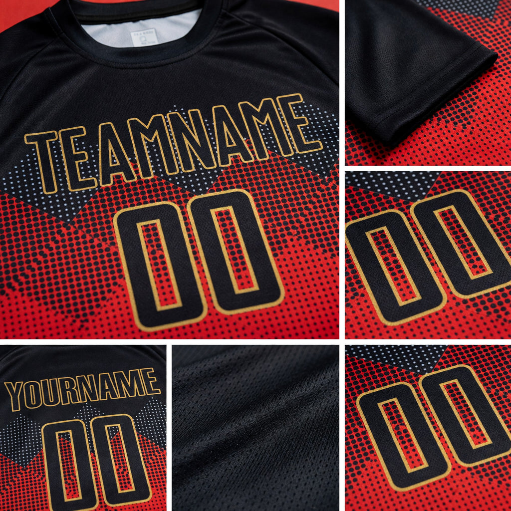 Custom Red Black-Old Gold Sublimation Soccer Uniform Jersey detail