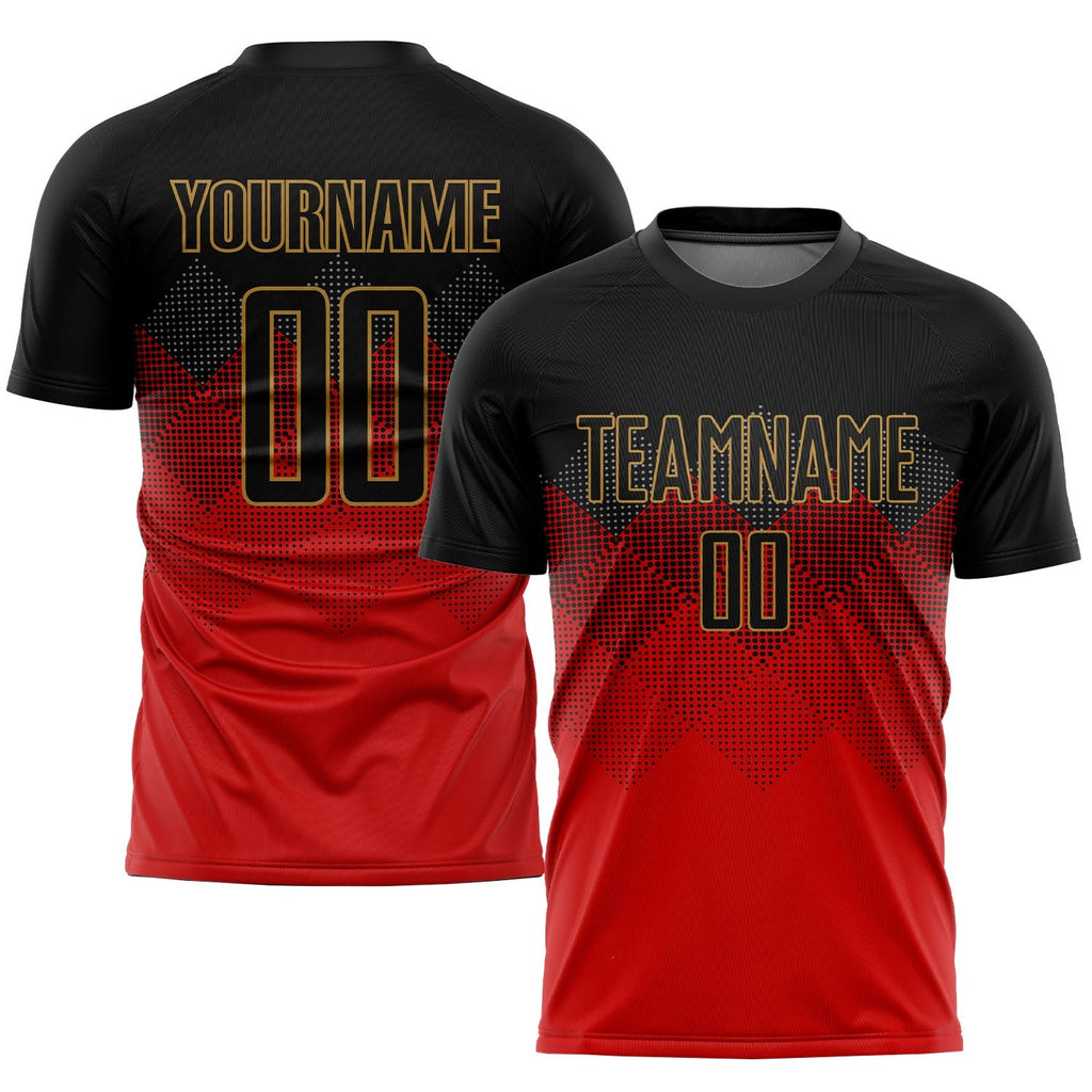Custom Red Black-Old Gold Sublimation Soccer Uniform Jersey photo 1