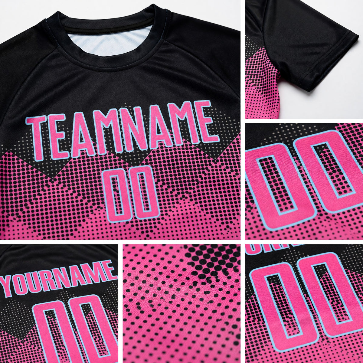 Custom Pink Black-LIght Blue Gradient Square Shape Sublimation Soccer Uniform Jersey detail