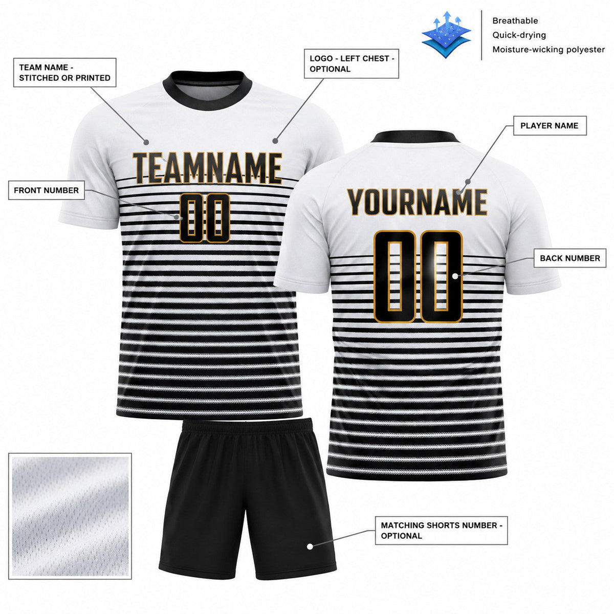 Custom White Sublimated Soccer Jersey with Black and Old Gold Lettering Design 0114 customization guide