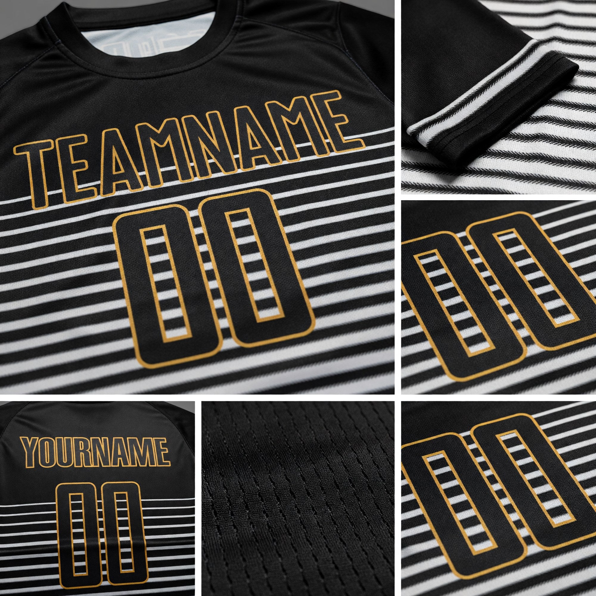Custom Black Black-Old Gold Sublimation Soccer Uniform Jersey detail