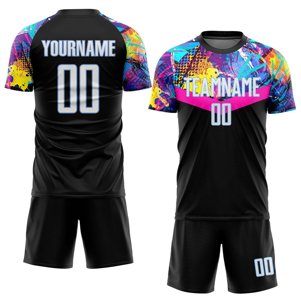 Custom Black White-Light Blue Sublimation Soccer Uniform Jersey photo 2