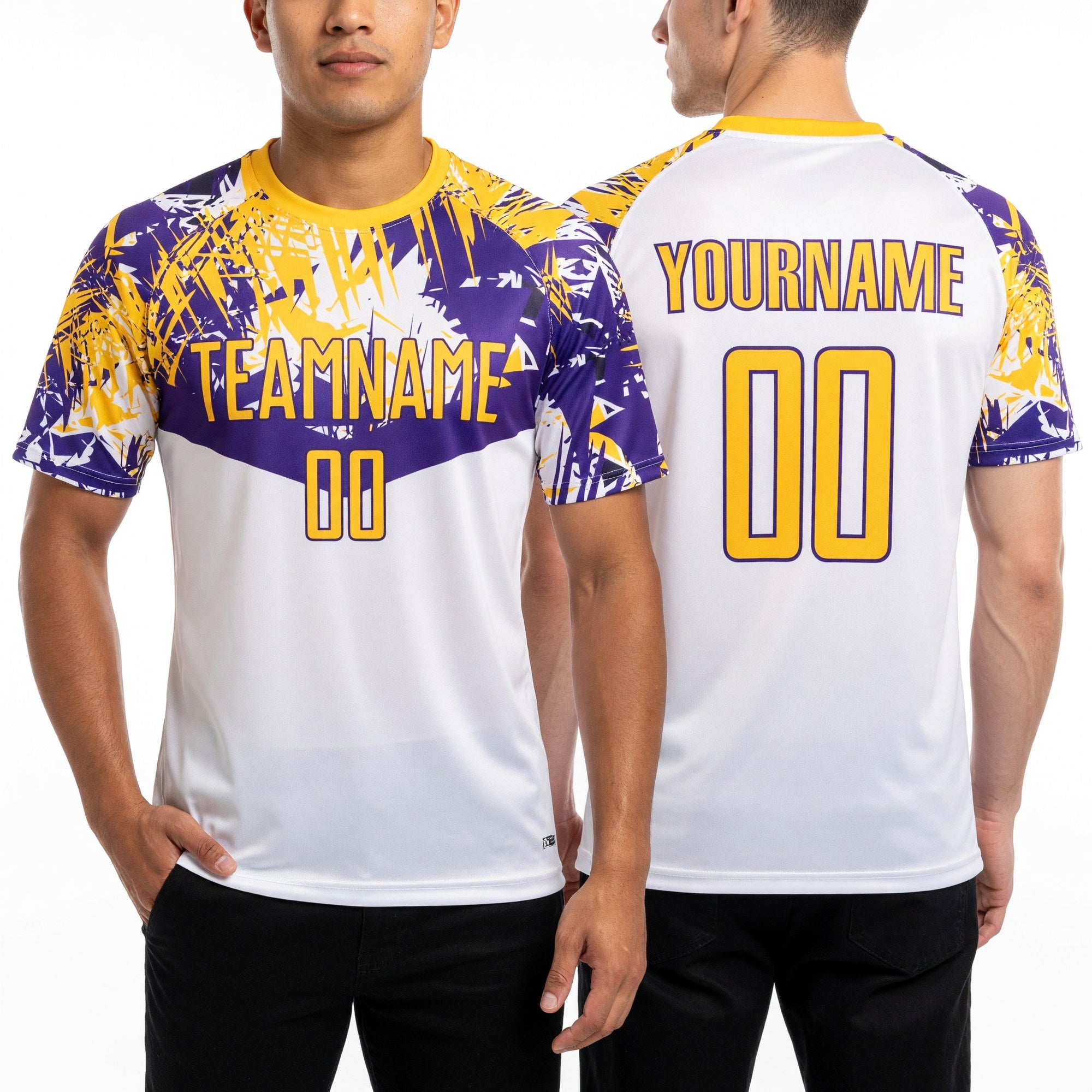 Custom White Gold-Purple Sublimation Soccer Uniform Jersey worn front and back