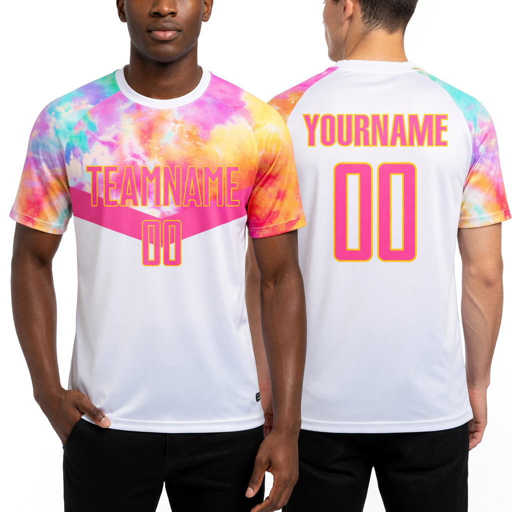 Custom White Pink-Gold Sublimation Soccer Uniform Jersey worn front and back