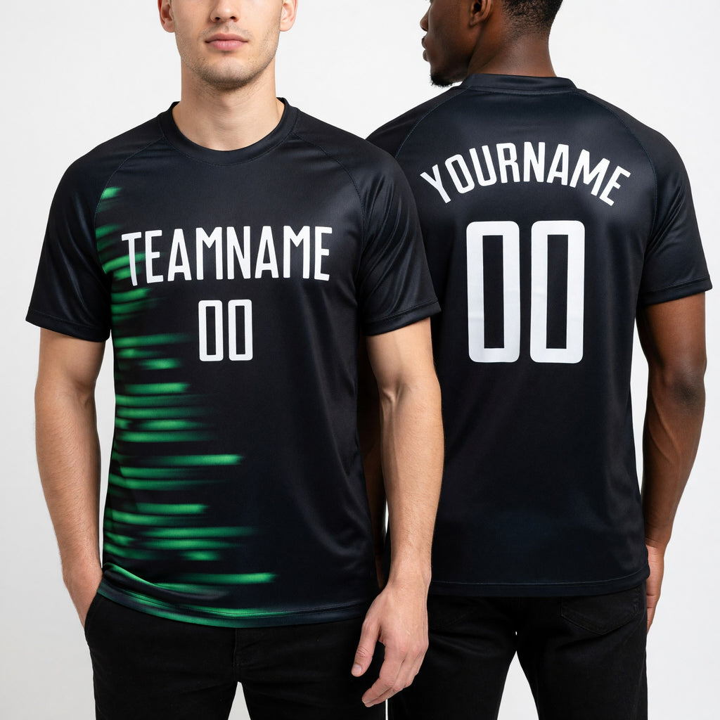 Custom Black White-Kelly Green Sublimation Soccer Uniform Jersey worn front and back