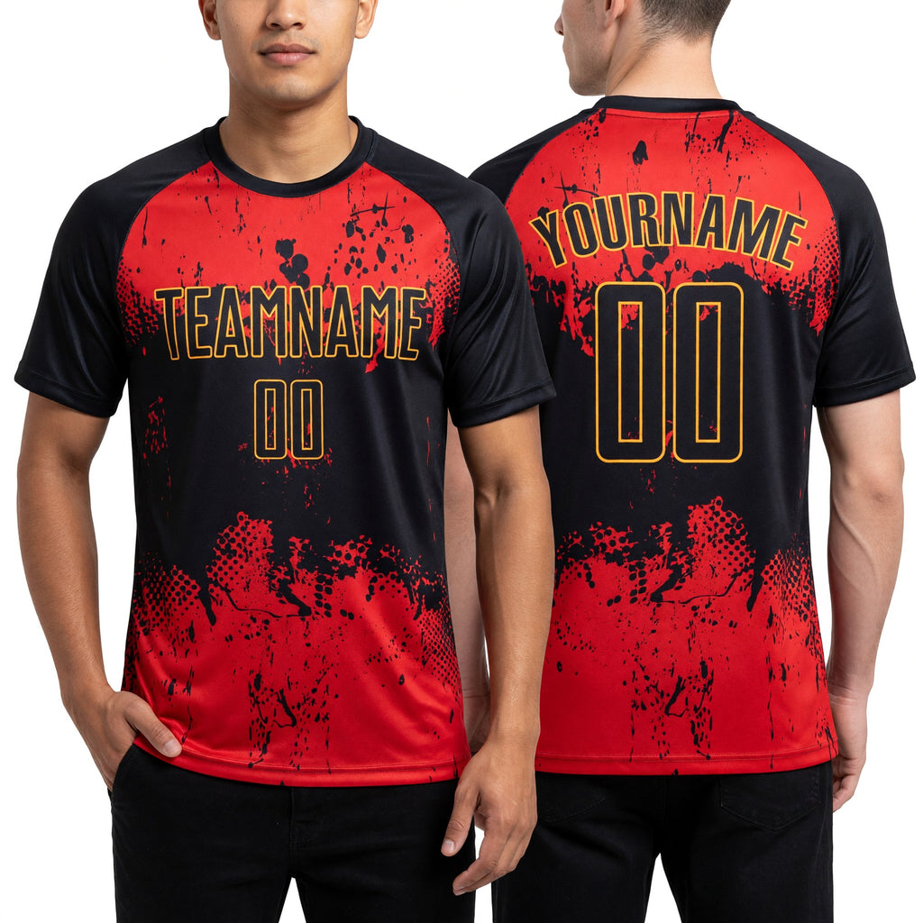 Custom Black Red-Gold Sublimation Soccer Uniform Jersey worn front and back