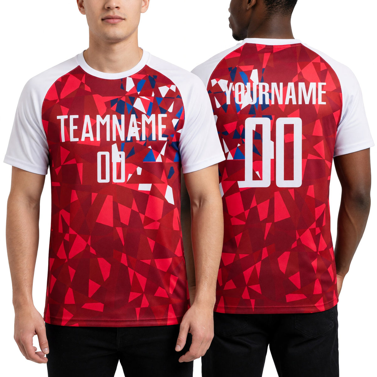 Custom Red White Sublimation Soccer Uniform Jersey worn front and back