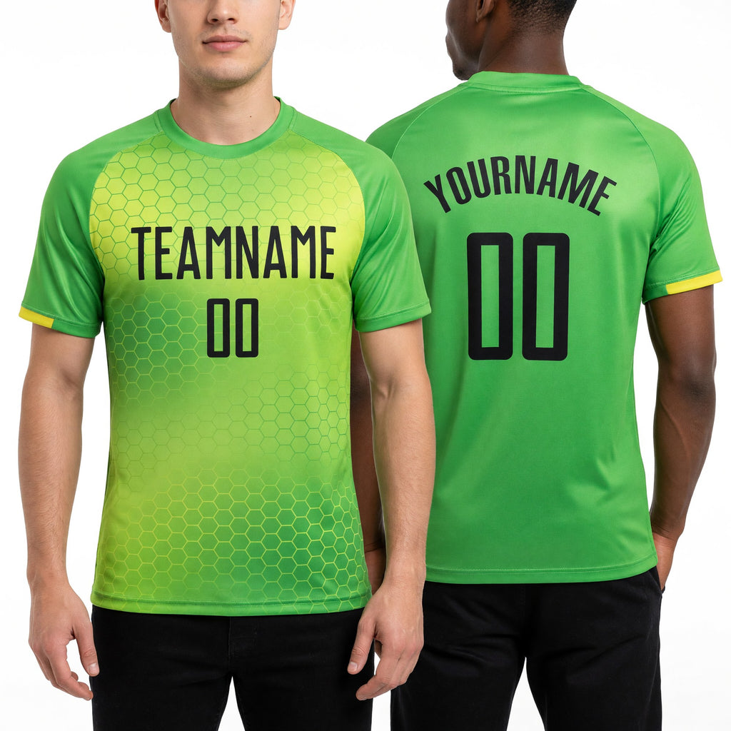 Custom Neon Green Black Sublimation Soccer Uniform Jersey worn front and back