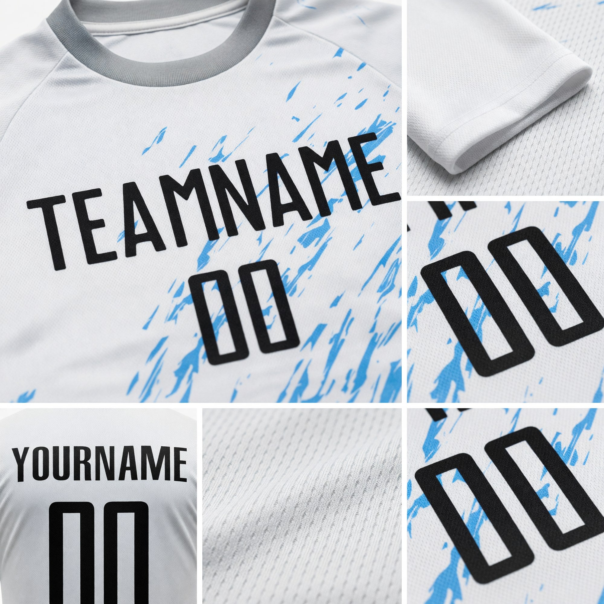 Custom White Black-Light Blue Sublimation Soccer Uniform Jersey detail
