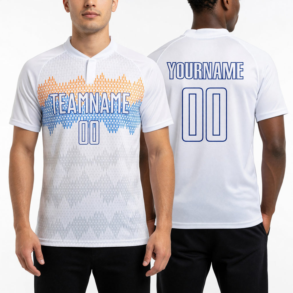 Custom White Royal Sublimation Soccer Uniform Jersey worn front and back