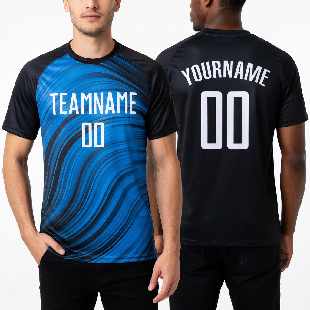 Custom Light Blue White-Black Sublimation Soccer Uniform Jersey worn front and back