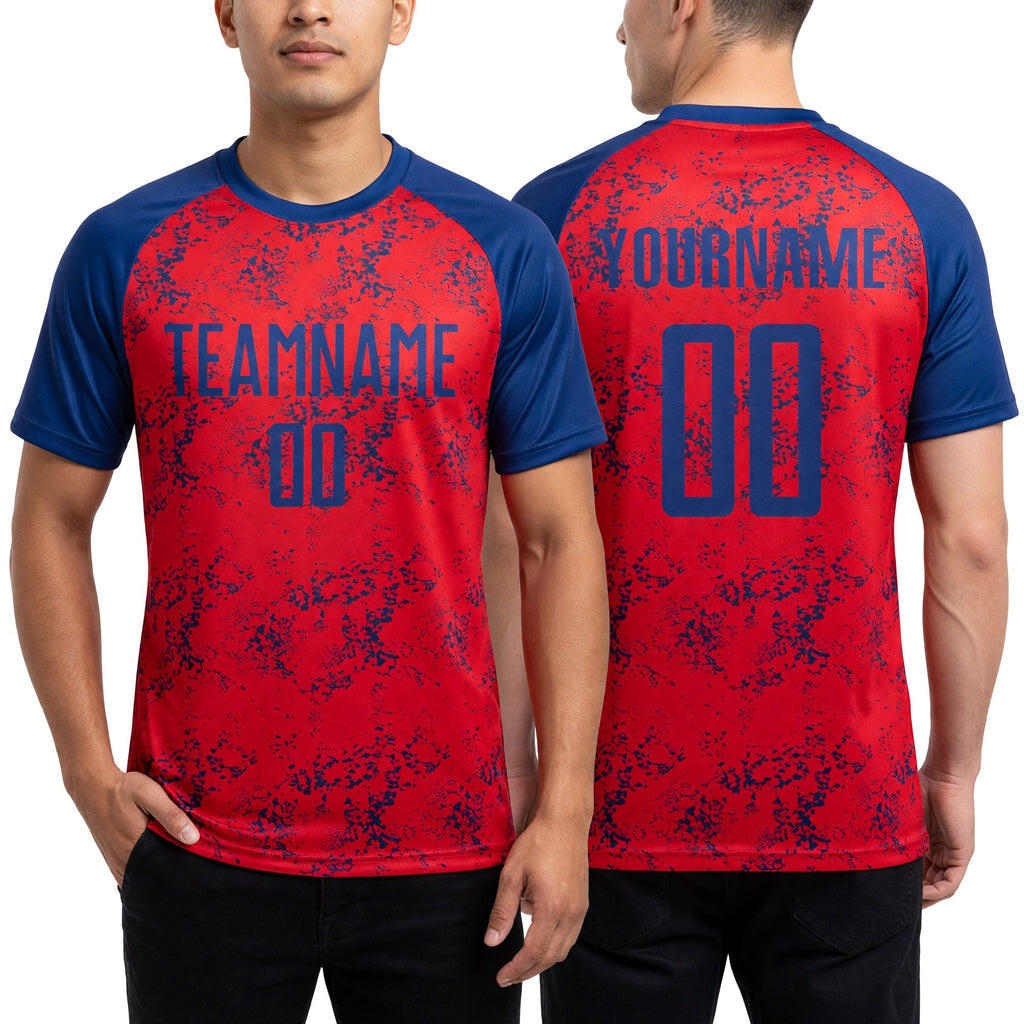 Custom Red Royal Sublimation Soccer Uniform Jersey worn front and back