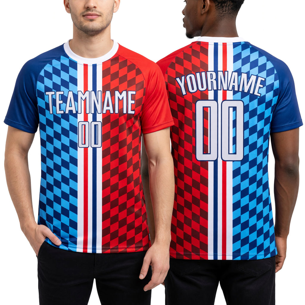 Custom Figure White-Royal Sublimation Soccer Uniform Jersey worn front and back