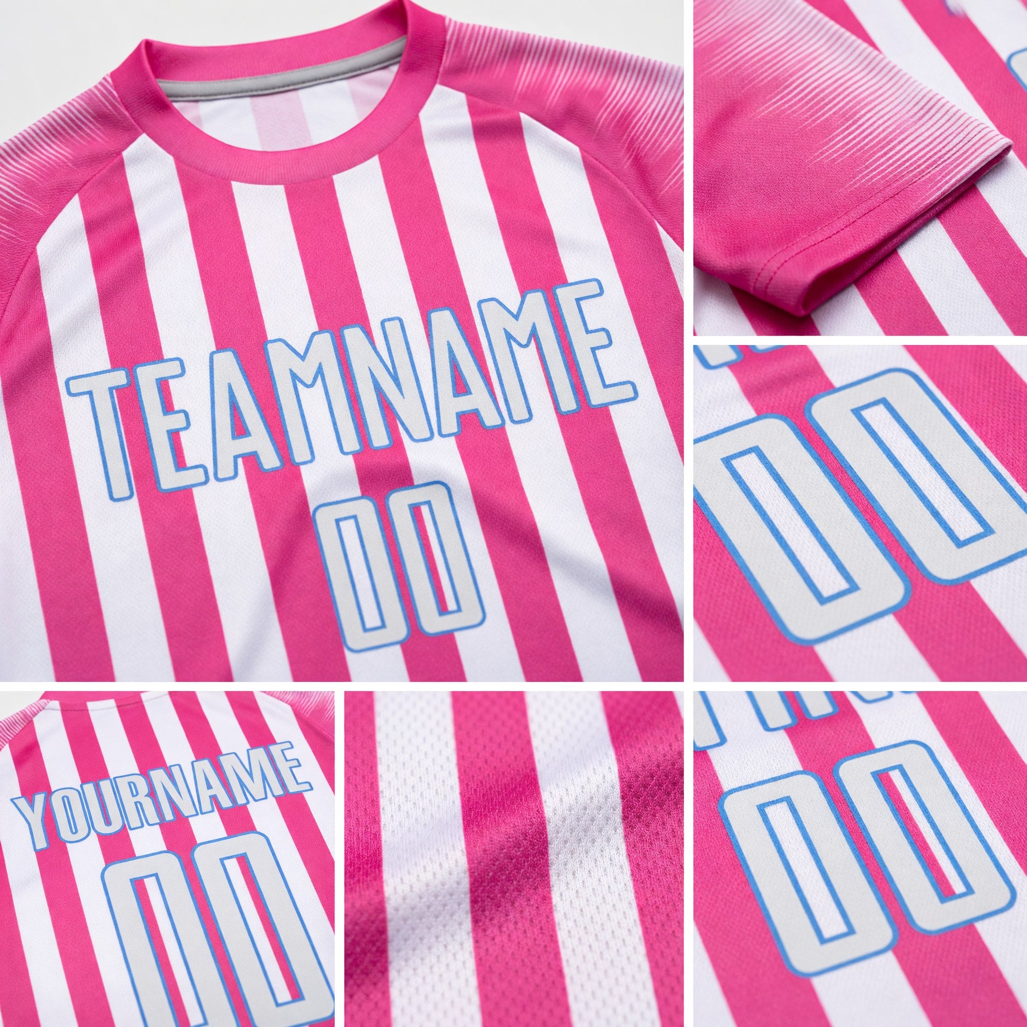 Custom Pink White-Light Blue Sublimation Soccer Uniform Jersey detail
