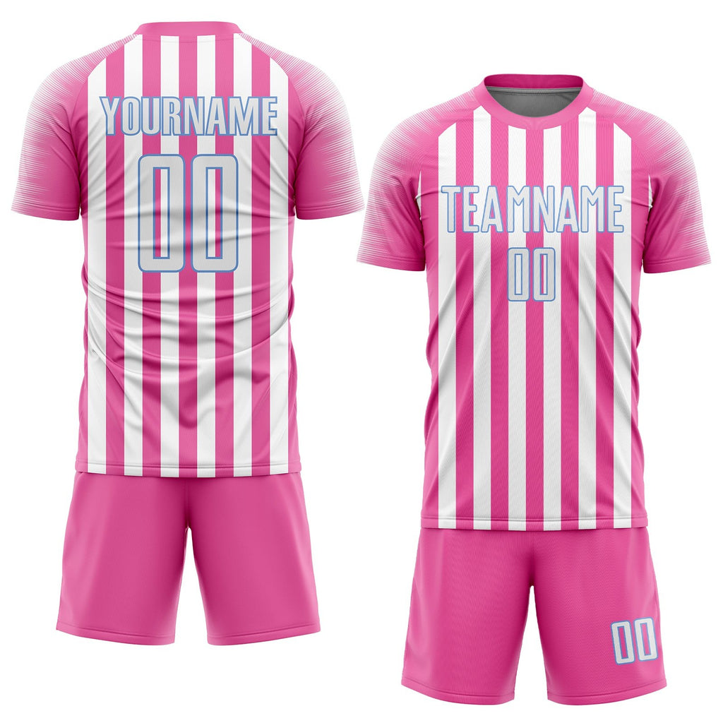 Custom Pink White-Light Blue Sublimation Soccer Uniform Jersey photo 2