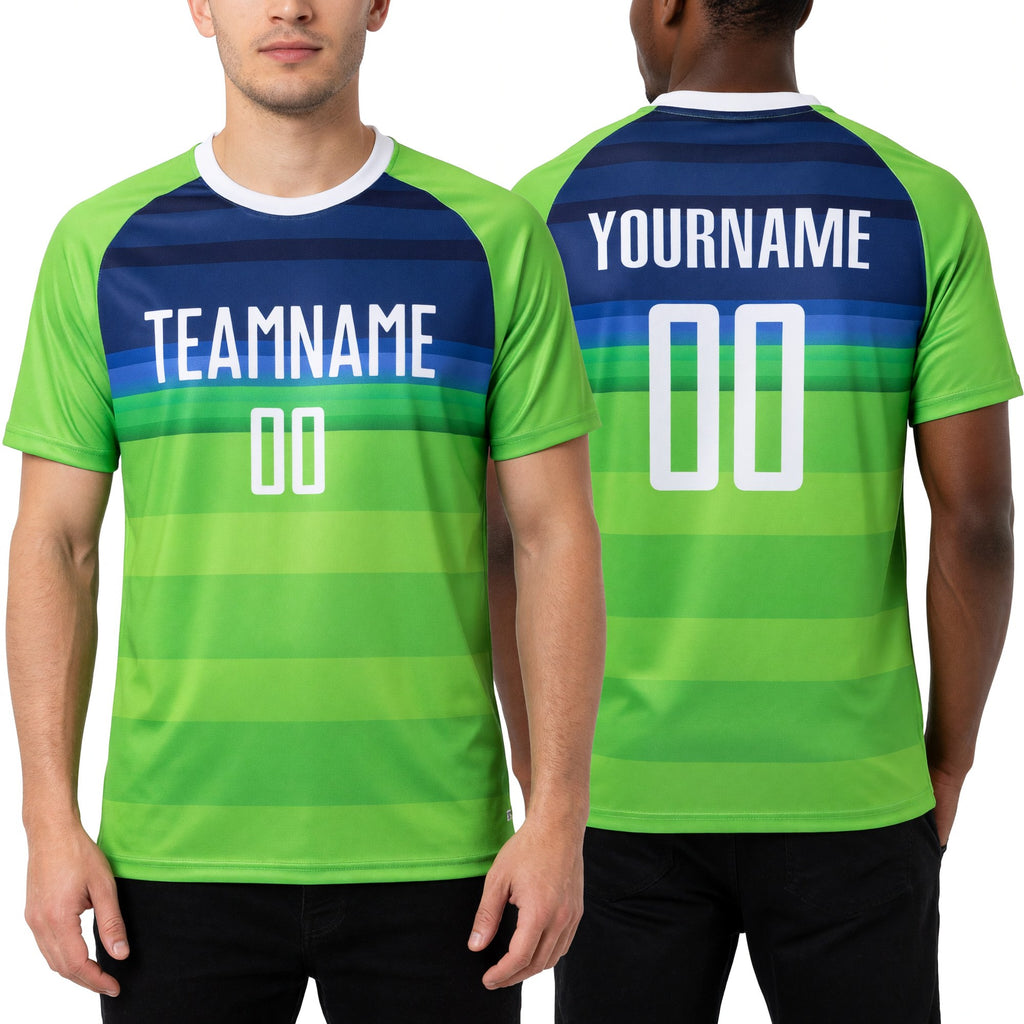 Custom Neon Green White-Royal Sublimation Soccer Uniform Jersey worn front and back