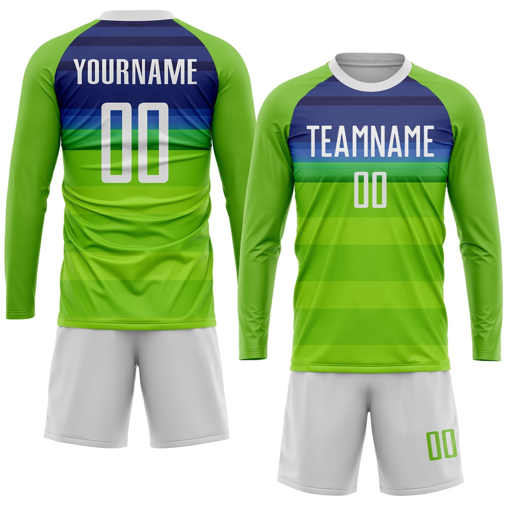 Custom Neon Green White-Royal Sublimation Soccer Uniform Jersey photo 3