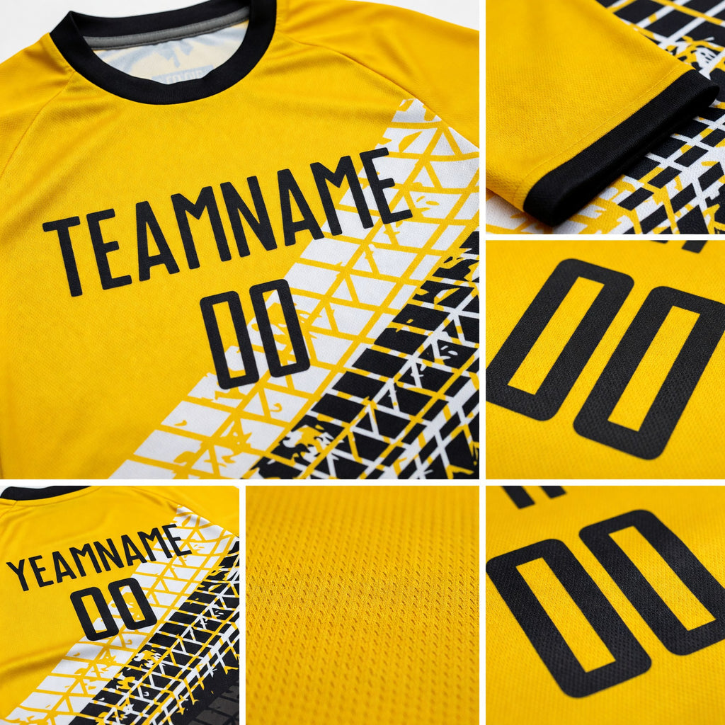 Custom Gold Black-White Sublimation Soccer Uniform Jersey detail