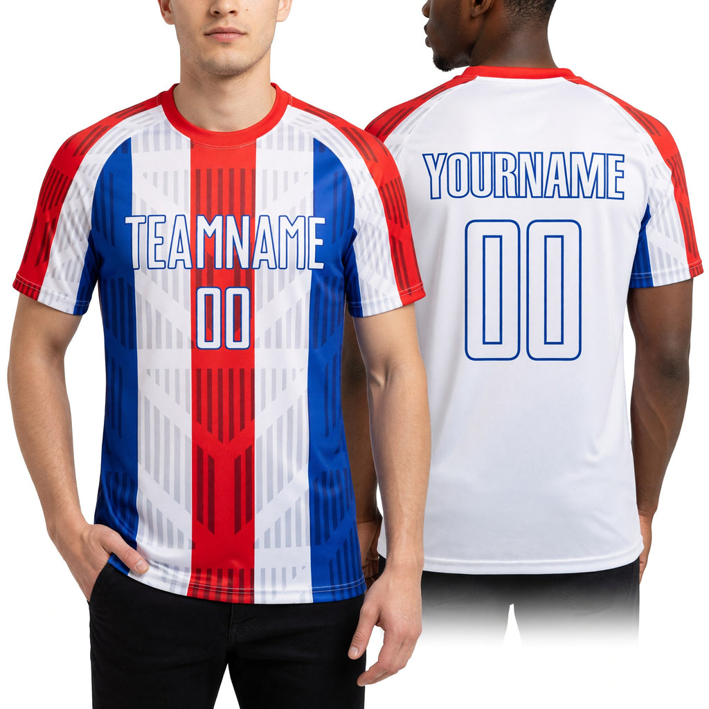 Custom White White-Royal Sublimation Soccer Uniform Jersey worn front and back