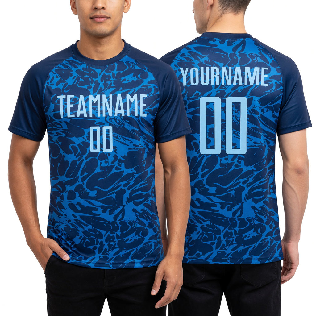 Custom Royal Light Blue Sublimation Soccer Uniform Jersey worn front and back