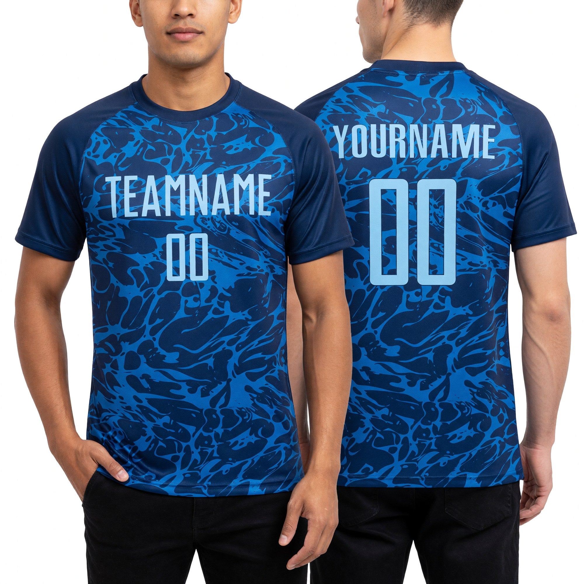 Custom Royal Light Blue Sublimation Soccer Uniform Jersey worn front and back