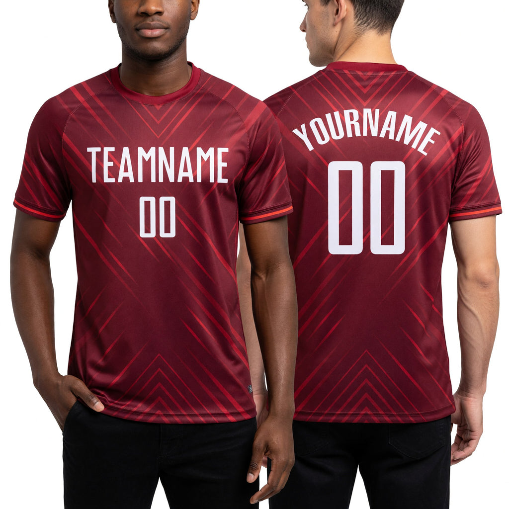 Custom Red White Sublimation Soccer Uniform Jersey worn front and back